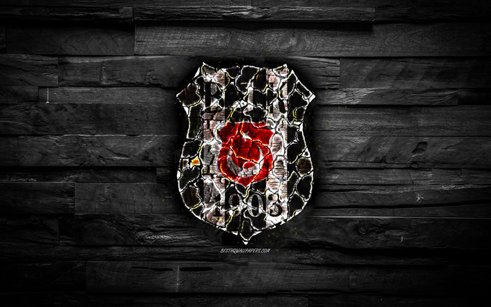 Besiktas FC, burning logo, Super Lig, black wooden background, BJK, turkish football club, grunge, Goztepe JK, football, soccer, Besiktas logo, fire texture, Istanbul, Turkey
