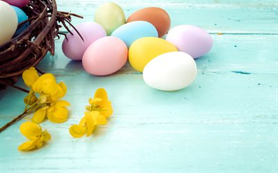 Los huevos de pascua, de madera azul de fondo, Pascua, huevos pintados, primavera