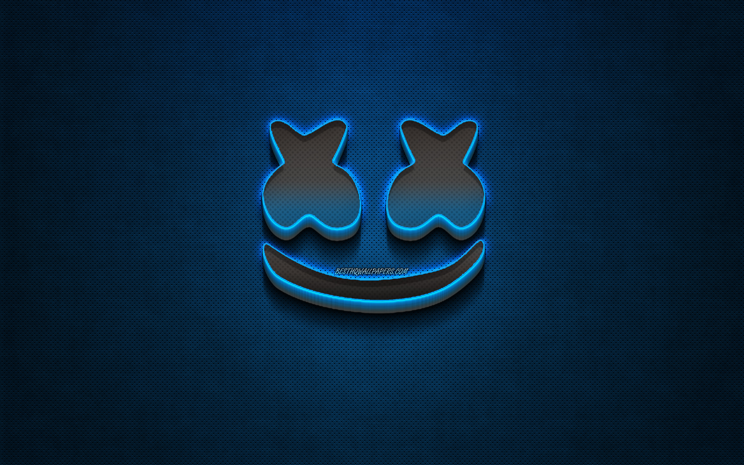 Marshmello logo, blue metal background, american DJ, Christopher Comstock, ...
