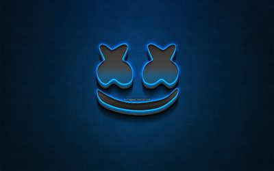 Marshmello logo, blue metal background, american DJ, Christopher Comstock, metal logo, Marshmello, DJ Marshmello, DJs