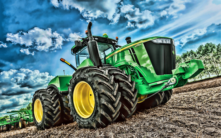 John Deere 9560R, 4k, plowing field, 2019 tractors, 9R Series Tractor, agricultural machinery, harvest, green tractor, HDR, agriculture, tractor in the field, John Deere