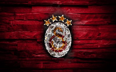 Galatasaray SK, burning logo, Super Lig, maroon wooden background, Dutch football club, Galatasaray FC, grunge, football, soccer, Galatasaray logo, fire texture, Istanbul, Turkey