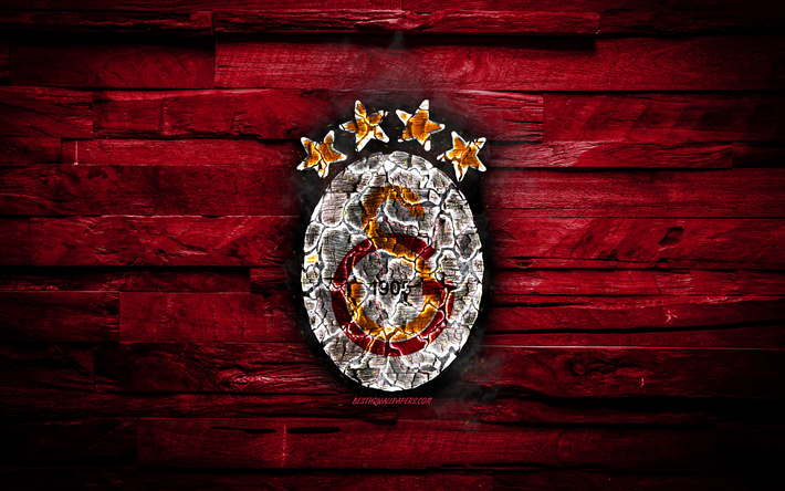 Galatasaray SK, polttava logo, Super League, viininpunainen puinen tausta, Hollantilainen jalkapalloseura, Galatasaray FC, grunge, jalkapallo, Galatasaray-logo, palo-rakenne, Istanbul, Turkki