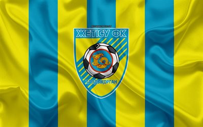 FC Zhetysu Taldykorgan, 4k, Kazakh football club, yellow blue flag, silk flag, Kazakhstan Premier League, Taldykorgan, Kazakhstan, football, Zhetysu FC