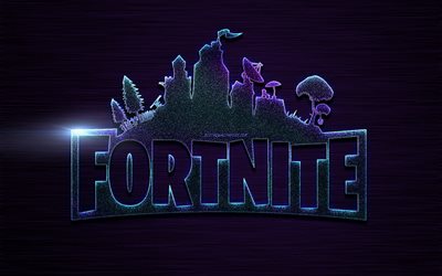 Fortnite, logo, purple glitter logo, emblem, creative art, popular games, purple metal texture, Fortnite logo