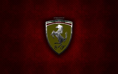 Scuderia Ferrari, Formula 1, Italian racing team, metal logo, F1, emblem, red metal background, creative art, Ferrari, Scuderia Ferrari Mission Winnow
