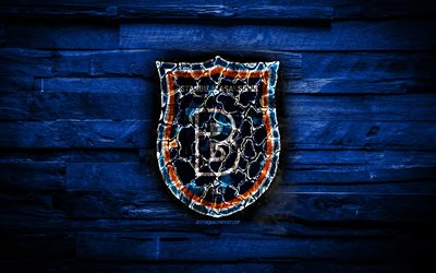 Istanbul Basaksehir FC, burning logo, Super Lig, blue wooden background, turkish football club, grunge, football, soccer, Istanbul Basaksehir logo, fire texture, Istanbul, Turkey