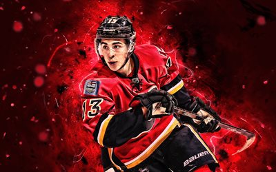 Johnny Gaudreau, giocatori di hockey, Calgary Flames, NHL, hockey stelle, di John Michael Gaudreau, hockey, luci al neon, USA