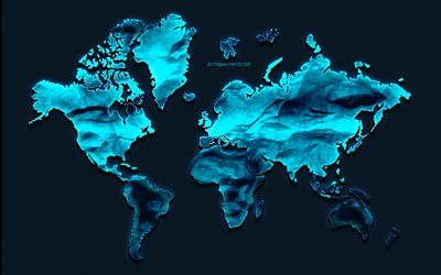Creativo blu, mondo, mappa, blu, luce al neon, in metallo mappa del mondo, continenti, silhouette, neon art, concetti mappa del mondo