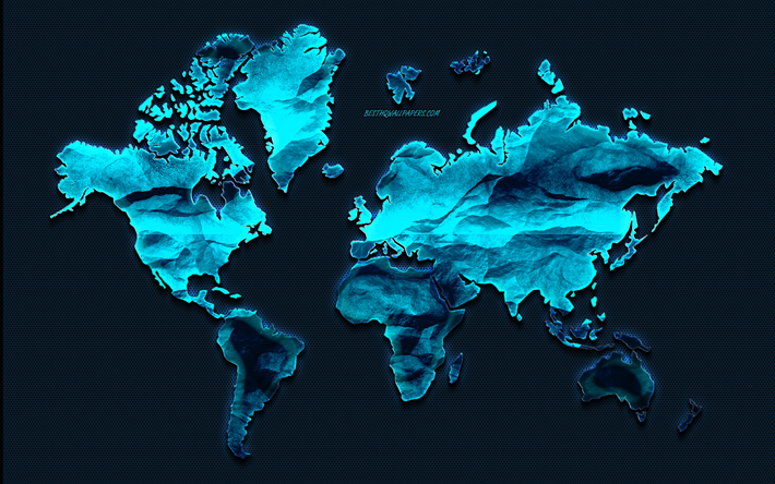 Sininen luova maailma kartta, sininen neon valoa, metallia maailmankartalle, mantereella, maailman kartta siluetti, neon art, maailman kartta k&#228;sitteit&#228;