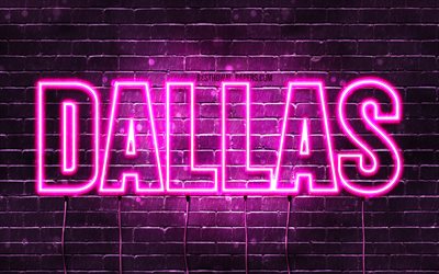 Dallas, 4k, pap&#233;is de parede com os nomes de, nomes femininos, Dallas nome, roxo luzes de neon, texto horizontal, imagem com nome de Dallas