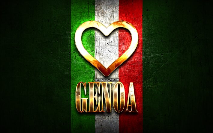 Amo Genova, citt&#224; italiane, golden iscrizione, Italia, cuore d&#39;oro, bandiera italiana, Genova, citt&#224; preferite, Amore Genova