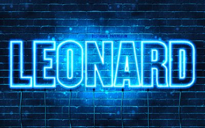 Leonard, 4k, tapeter med namn, &#246;vergripande text, Leonard namn, bl&#229;tt neonljus, bild med Leonard namn