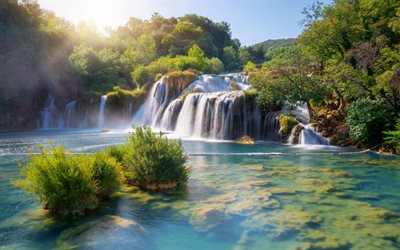 Parque Nacional Krka, cachoeira, manh&#227;, primavera, bela cachoeira, Krka, Cro&#225;cia