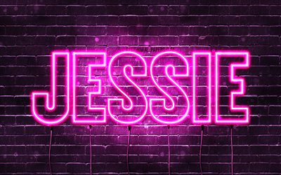 Jessie, 4k, wallpapers with names, female names, Jessie name, purple neon lights, horizontal text, picture with Jessie name