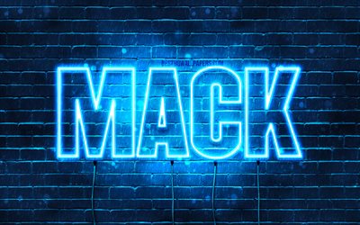 Mack, 4k, pap&#233;is de parede com os nomes de, texto horizontal, Mack nome, luzes de neon azuis, imagem com Mack nome