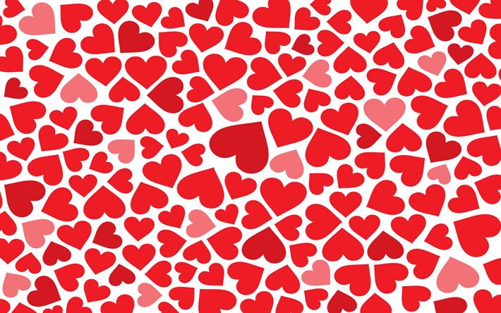 red hearts background, abstract art, hearts patterns, love concepts, hearts textures, background with hearts