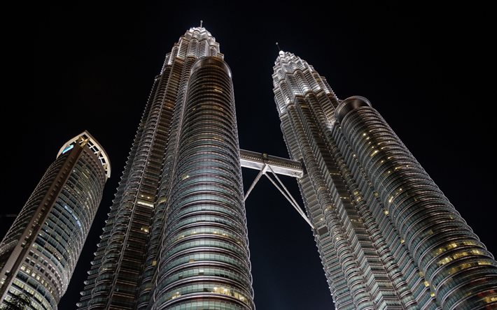 Kuala Lumpur, la nuit, les Tours Petronas, gratte-ciel, moderne, immeubles, monument, Malaisie