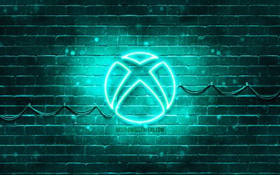 Xbox turquoise logo, 4k, turquoise brickwall, Xbox logo, marques, Xbox n&#233;on logo, Xbox