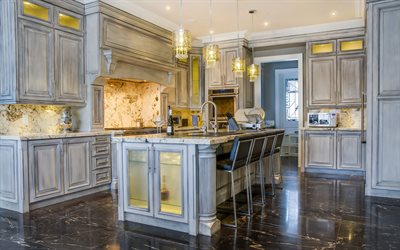kitchen in the Italian style, classic interior design, black marble floor, gray classic kitchen furniture, modern interior design, kitchen