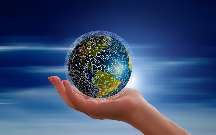 Jorden i hand, begrepp n&#228;tverk, sociala n&#228;tverk, global kommunikation, Internet, modern teknik