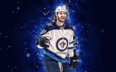 Kyle Connor, 4k, NHL, Winnipeg Jets, estrelas do h&#243;quei no gelo, h&#243;quei, luzes de neon azuis, jogadores de h&#243;quei, Kyle Connor Winnipeg Jets, Kyle Connor 4K