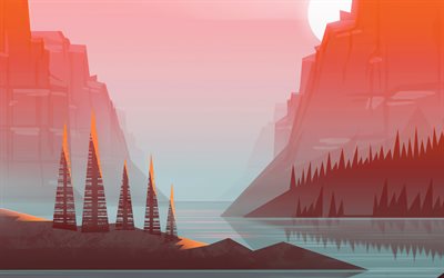 4k, abstract landscape, sunset, mountains, canyon, abstract fjord, abstract nature backgrounds, artwork, minimal, landscape minimalism