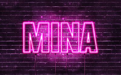 Mina, 4k, wallpapers with names, female names, Mina name, purple neon lights, horizontal text, picture with Mina name