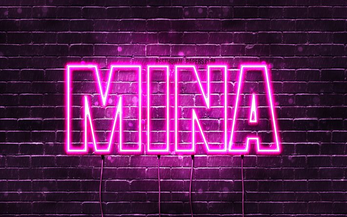 mina, 4k, tapeten, die mit namen, weibliche namen, mina name, lila, neon-leuchten, die horizontale text -, bild-mit mina namen