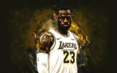 LeBron James, Los Angeles Lakers, - Jogador de basquete americano, retrato, NBA, pedra amarela de fundo, basquete, EUA