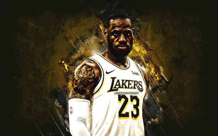 LeBron James, Los Angeles Lakers, American basketball player, portrait, NBA, yellow stone background, basketball, USA