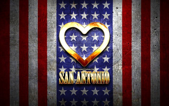 ich liebe san antonio, amerikanische st&#228;dte, goldene aufschrift, usa, golden heart, amerikanische flagge, san antonio, lieblings-st&#228;dte, liebe san antonio