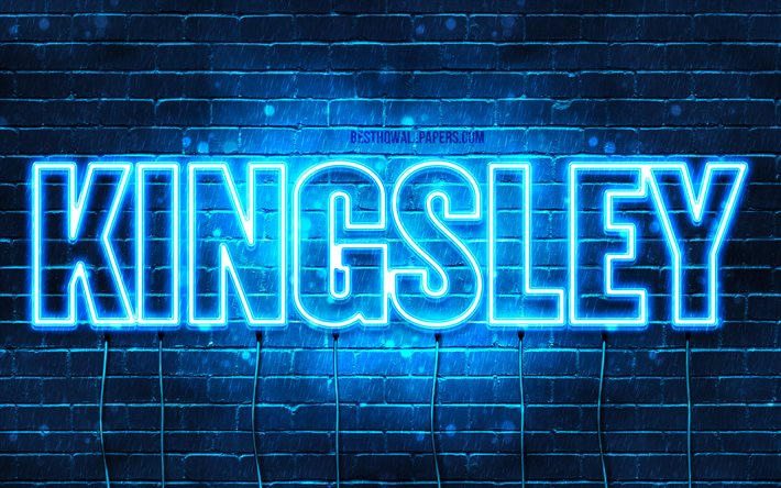 Kingsley, 4k, fondos de pantalla con los nombres, el texto horizontal, Kingsley nombre, luces azules de ne&#243;n, imagen con Kingsley nombre
