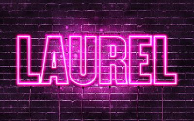 Laurel, 4k, isim Defne ismi ile, Bayan isimleri, Laurel adı, mor neon ışıkları, yatay metin, resim ile duvar kağıtları