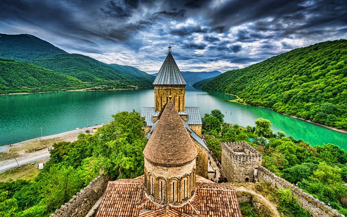 Ananuri, 4k, HDR, la fortaleza, la hermosa naturaleza, Georgia, un lago, una torre, de estilo georgiano de la naturaleza, Fortaleza Ananuri