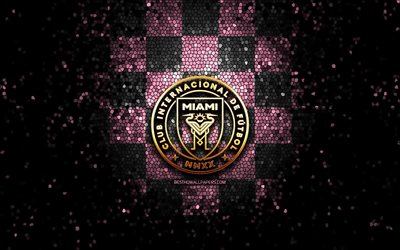 Inter Miami FC, glitter logo, MLS, gray pink checkered background, USA, american soccer team, Inter Miami, Major League Soccer, Inter Miami logo, mosaic art, soccer, football, America