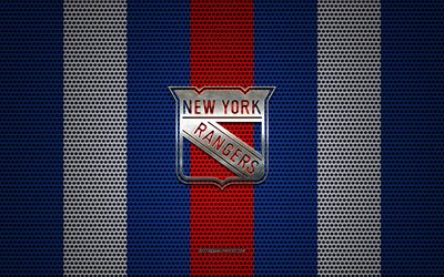 New York Rangers logotyp, American hockey club, metall emblem, r&#246;d-bl&#229; metalln&#228;t bakgrund, New York Rangers, NHL, New York, USA, hockey