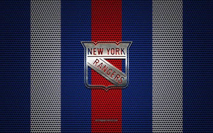 New York Rangers logotipo, de la American hockey club, emblema de metal, rojo-azul de metal de malla de fondo, New York Rangers, NHL, Nueva York, estados UNIDOS, hockey