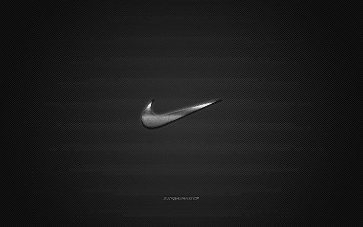 El logotipo de Nike, emblema de metal, marca de ropa, el carbono negro, la textura, el mundial de marcas de ropa, Nike, concepto moda, emblema de Nike, Just do it