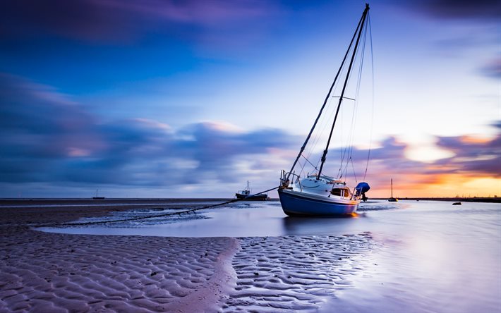 yachts, evening, sunset, yachts in the sand, sea, fishing boats
