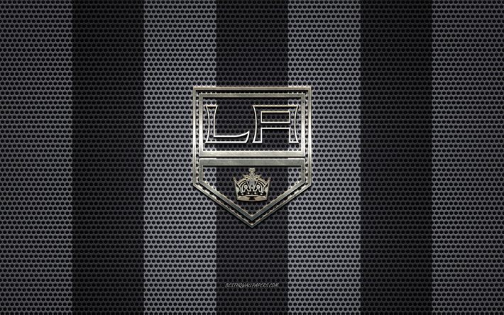 Los Angeles Kings logotipo, Americana de h&#243;quei clube, emblema de metal, preto-e-branco de malha de metal de fundo, Los Angeles Kings, NHL, Los Angeles, Calif&#243;rnia, EUA, h&#243;quei