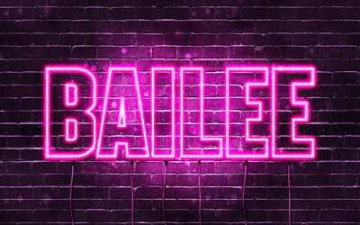 Bailee, 4k, wallpapers with names, female names, Bailee name, purple neon lights, horizontal text, picture with Bailee name