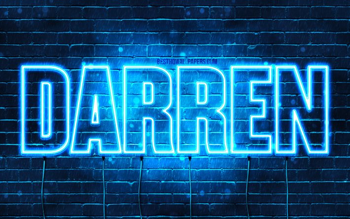 Darren, 4k, taustakuvia nimet, vaakasuuntainen teksti, Darren nimi, blue neon valot, kuva Darren nimi