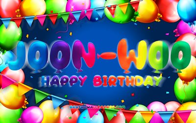 Joyeux Anniversaire Joon-woo, 4k, color&#233; ballon cadre, Joon-woo nom, fond bleu, Joon-woo, Joyeux Anniversaire, Anniversaire, populaire sud-cor&#233;en des noms masculins, Anniversaire concept
