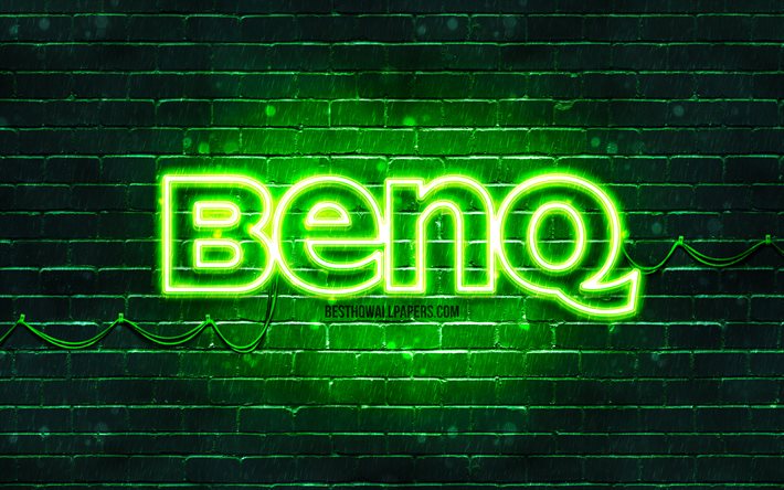 Benq logo vert, 4k, vert brickwall, Benq, logo, marques, Benq n&#233;on logo