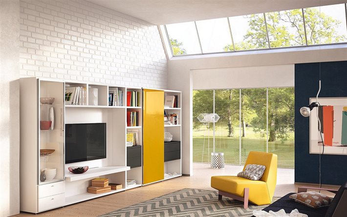 interni moderni, bianco, muro di mattoni, in salotto, in stile loft, soggiorno, arredamento di design