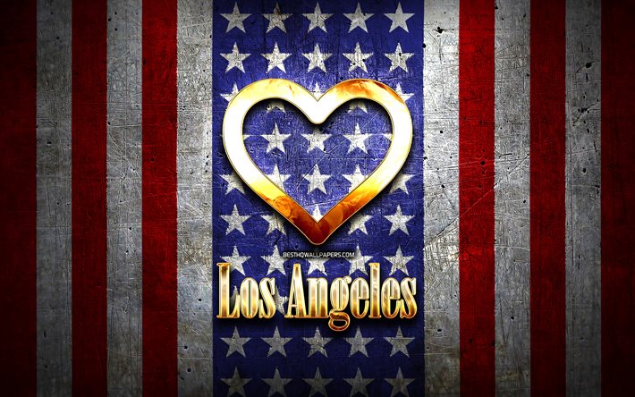 Mi piace Los Angeles, citt&#224; americane, golden iscrizione, USA, cuore d&#39;oro, bandiera americana, Los Angeles, citt&#224; preferite, di Amore, Amo LA