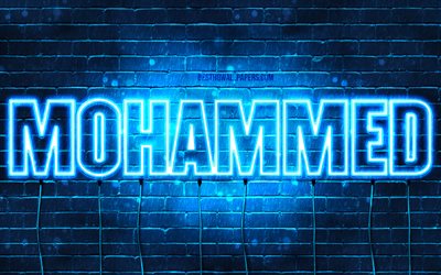 Mohammed, 4k, fondos de pantalla con los nombres, el texto horizontal, Mohammed nombre, luces azules de ne&#243;n, de la imagen con el nombre de Mahoma