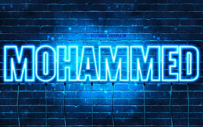 Mohammed, 4k, les papiers peints avec les noms, le texte horizontal, Mohammed nom, bleu n&#233;on, une photo avec le nom Mohammed