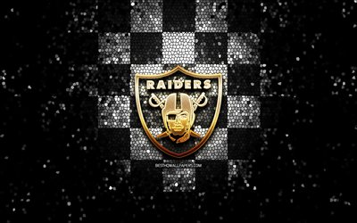 Oakland Raiders, glitter logotyp, NFL, svart-vit-rutig bakgrund, USA, amerikansk fotboll, Oakland Raiders logotyp, mosaik konst, Amerika
